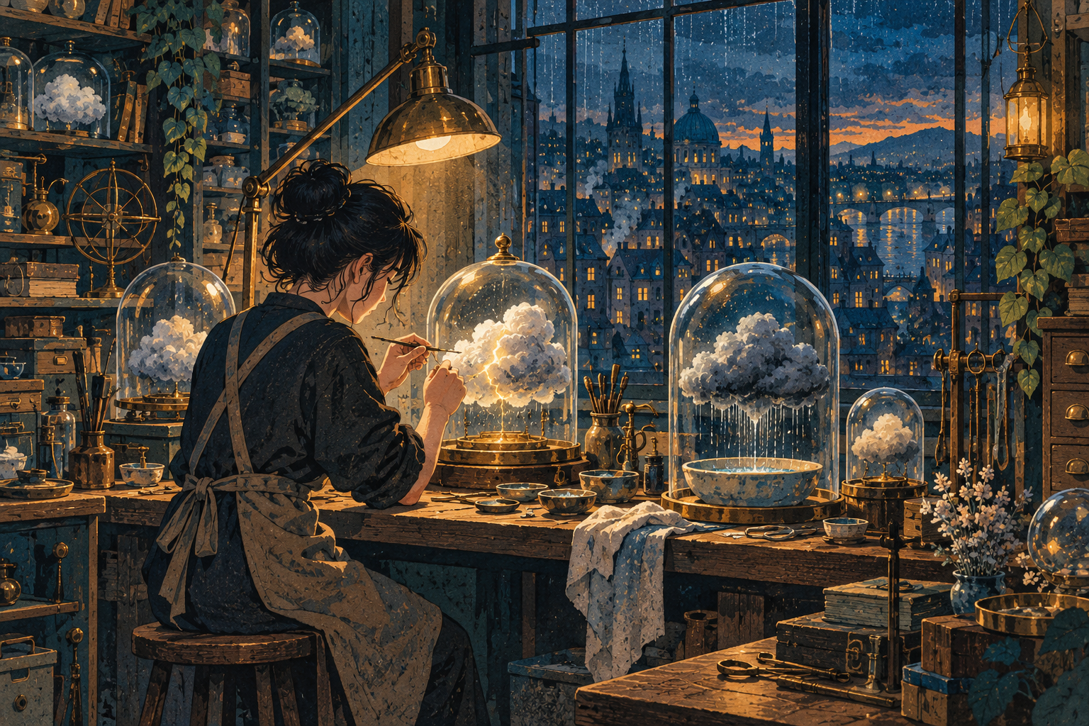 In a warm-lit night workshop, a repairer tends to small storm clouds sealed in glass jars. Rain streaks a tall window above a glowing city; brass tools and a shallow ceramic dish sit on the workbench.
