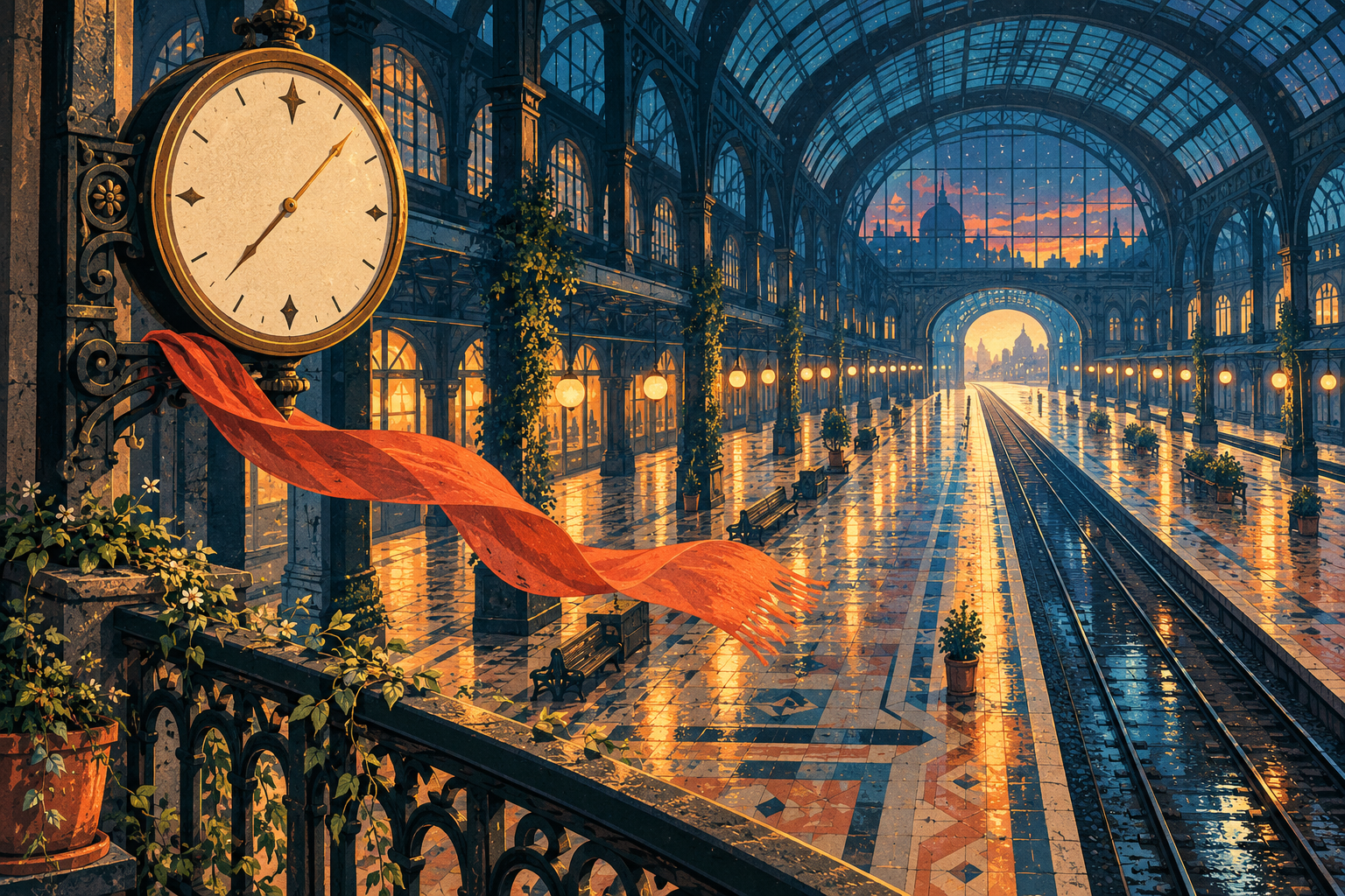 A vast blue-hour train station after the last train. A brass clock fills the left foreground; an orange scarf sweeps across a rain-lit platform toward a small glowing exit, while plants grow in the cracks.