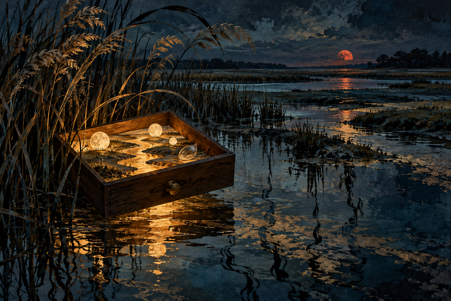 A walnut drawer floats open above a moonlit salt marsh. Inside it, a miniature amber landscape holds pale paper moons and a transparent seed; a red moon hangs low on the horizon.
